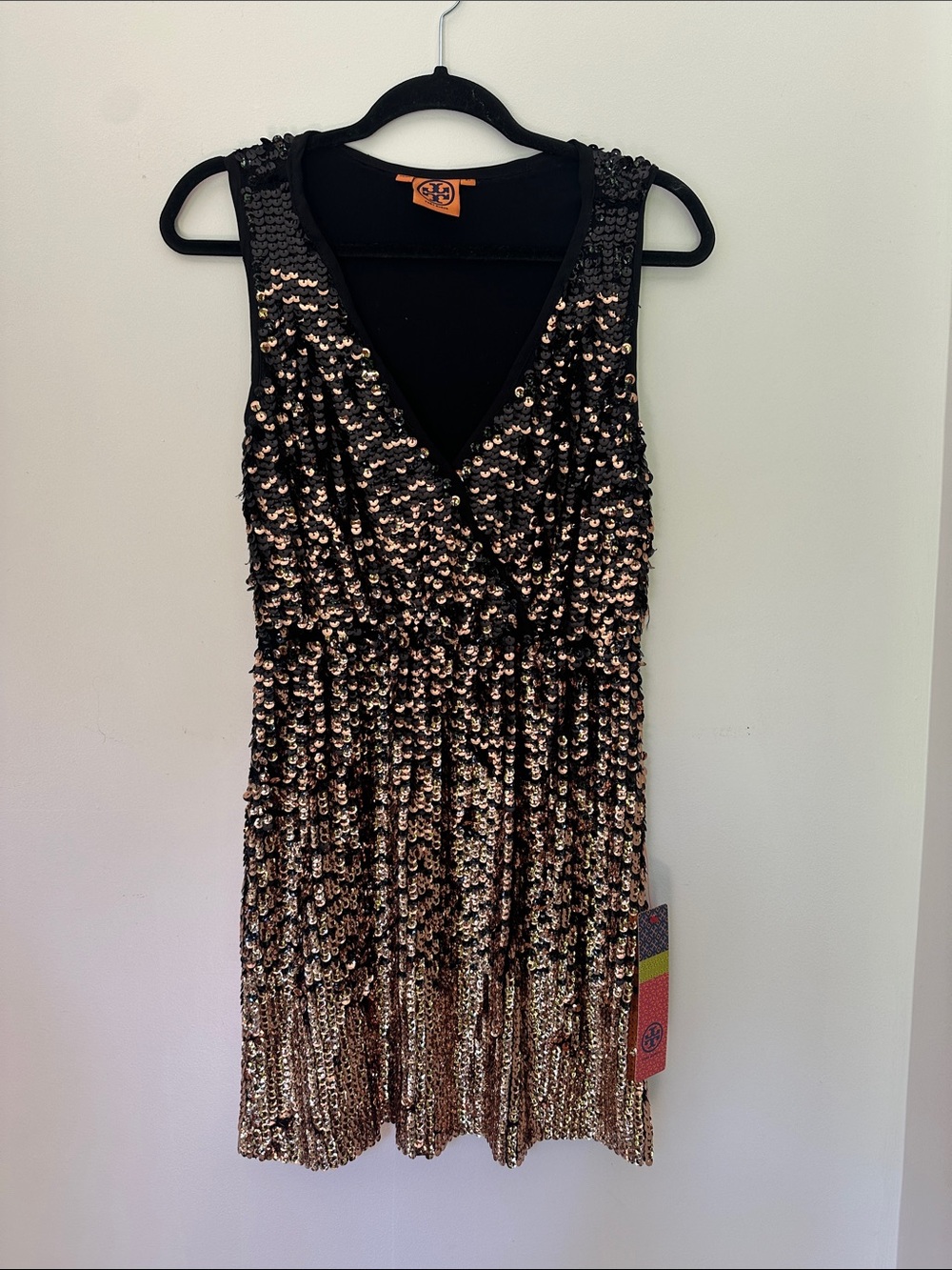 Tory Burch Black and Gold Sequin V-Neck Mini Dress